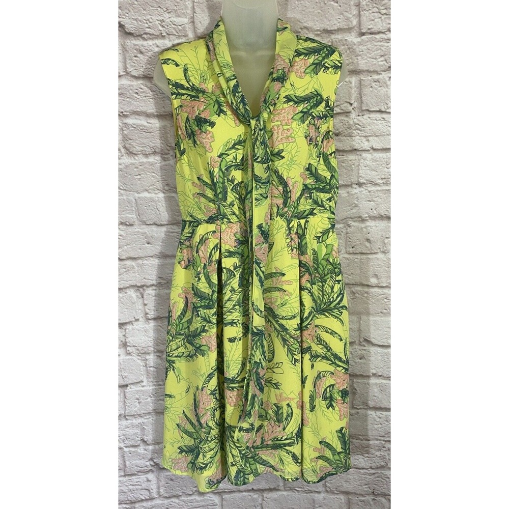 eShakti Dress Medium 10 Yellow Tropical Floral Fit Flare Pleated Tie